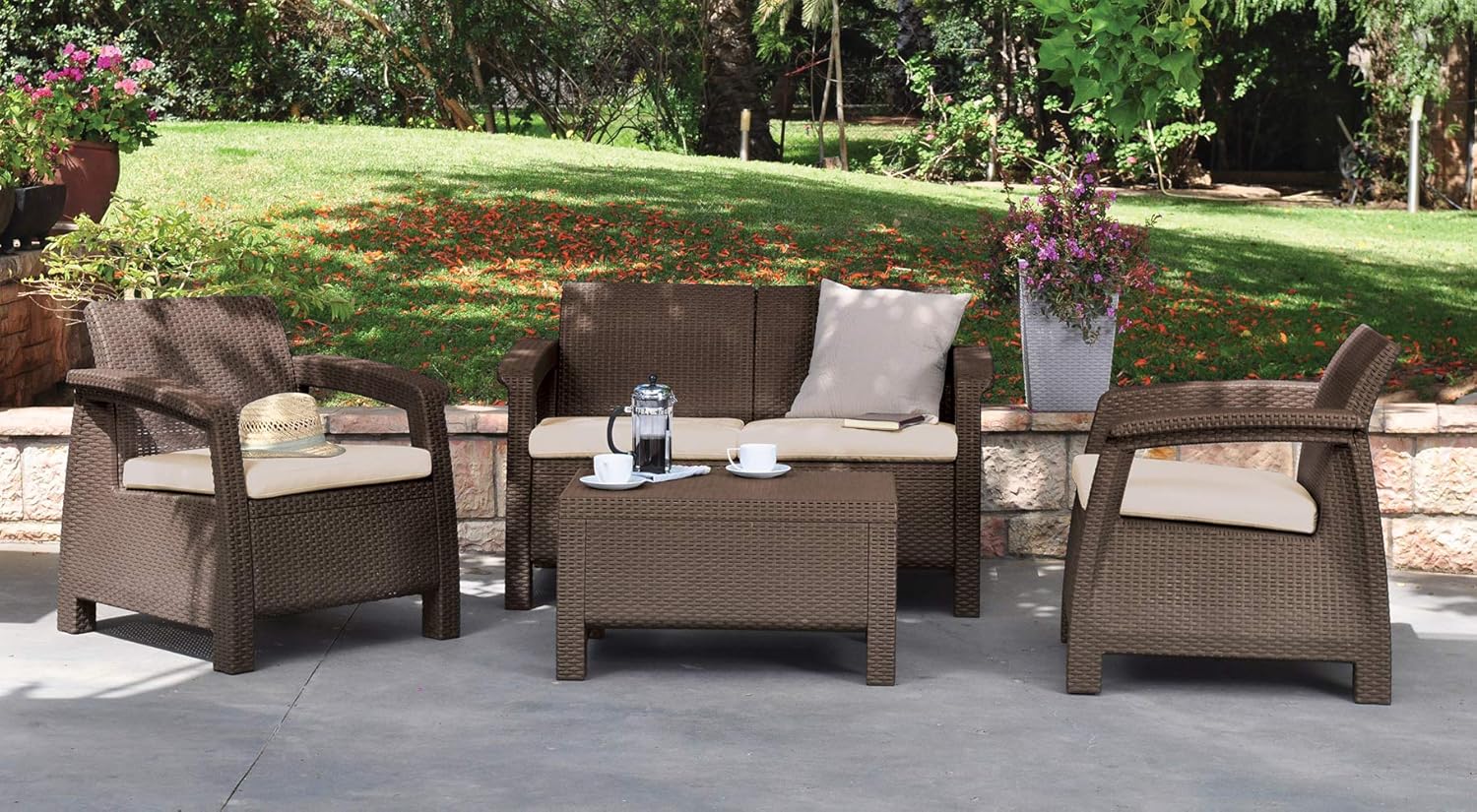Keter Corfu Resin Wicker Outdoor Loveseat Patio Couch with Washable Cushions - Perfect for Balcony, Deck, and Poolside Seating and Furniture Sets, Brown : Patio Loveseats : Garden & Outdoor