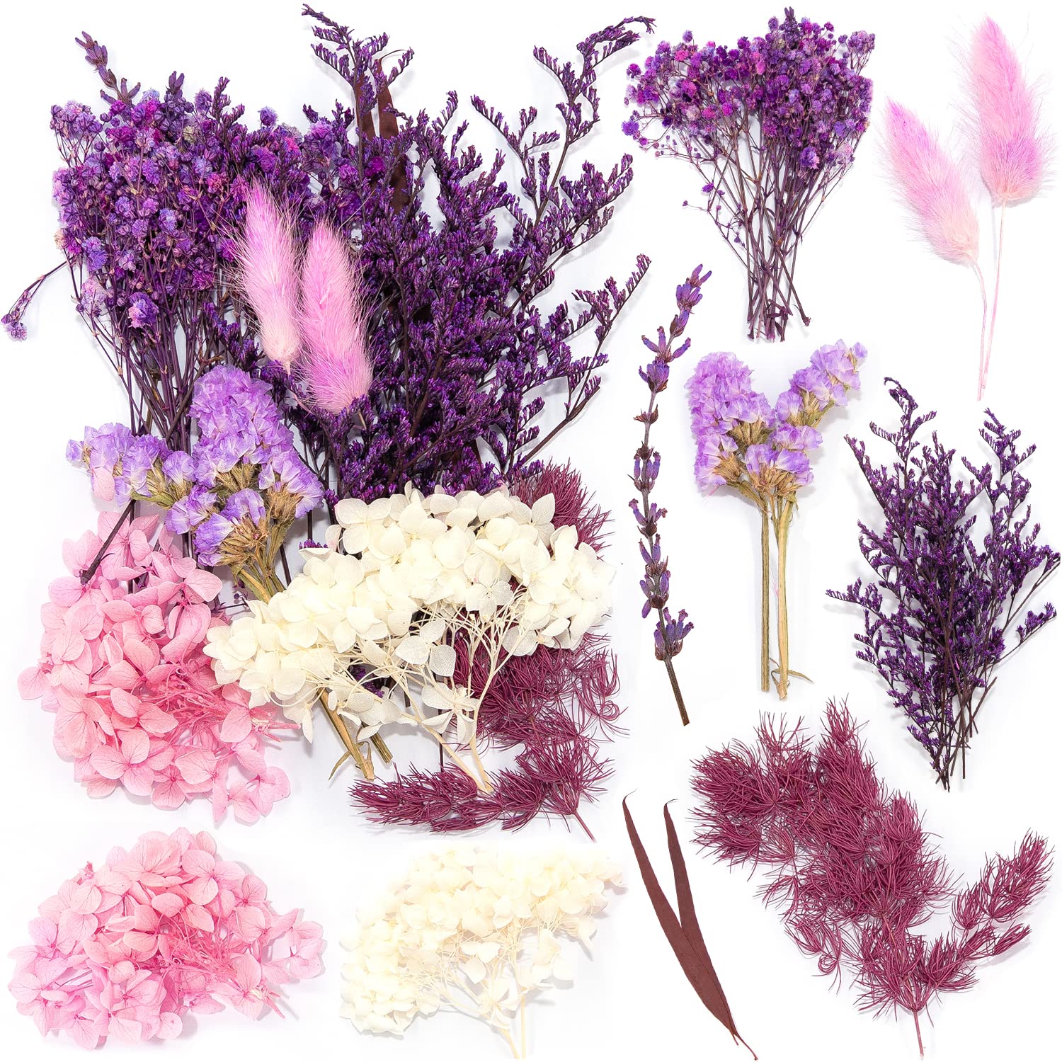 iDattel Natural Dried Flowers - Mixed DIY Set for Arts & Crafts, Resin, Scrapbooking, Card Making (White, Purple)