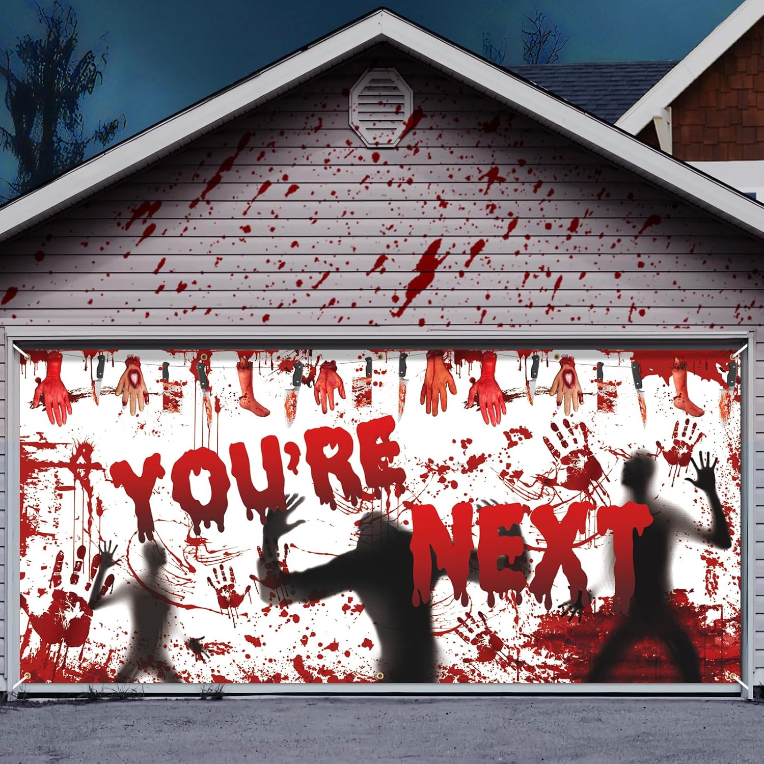 Garage Door Decorations - Halloween Garage Door Banner Cover Outdoor Decorations 6x13 Ft You're Next Halloween Large Garage Door Cover Banner Scary Horror Bloody Hands Vampire Backdrop Supplies for Halloween Garage Door Decor