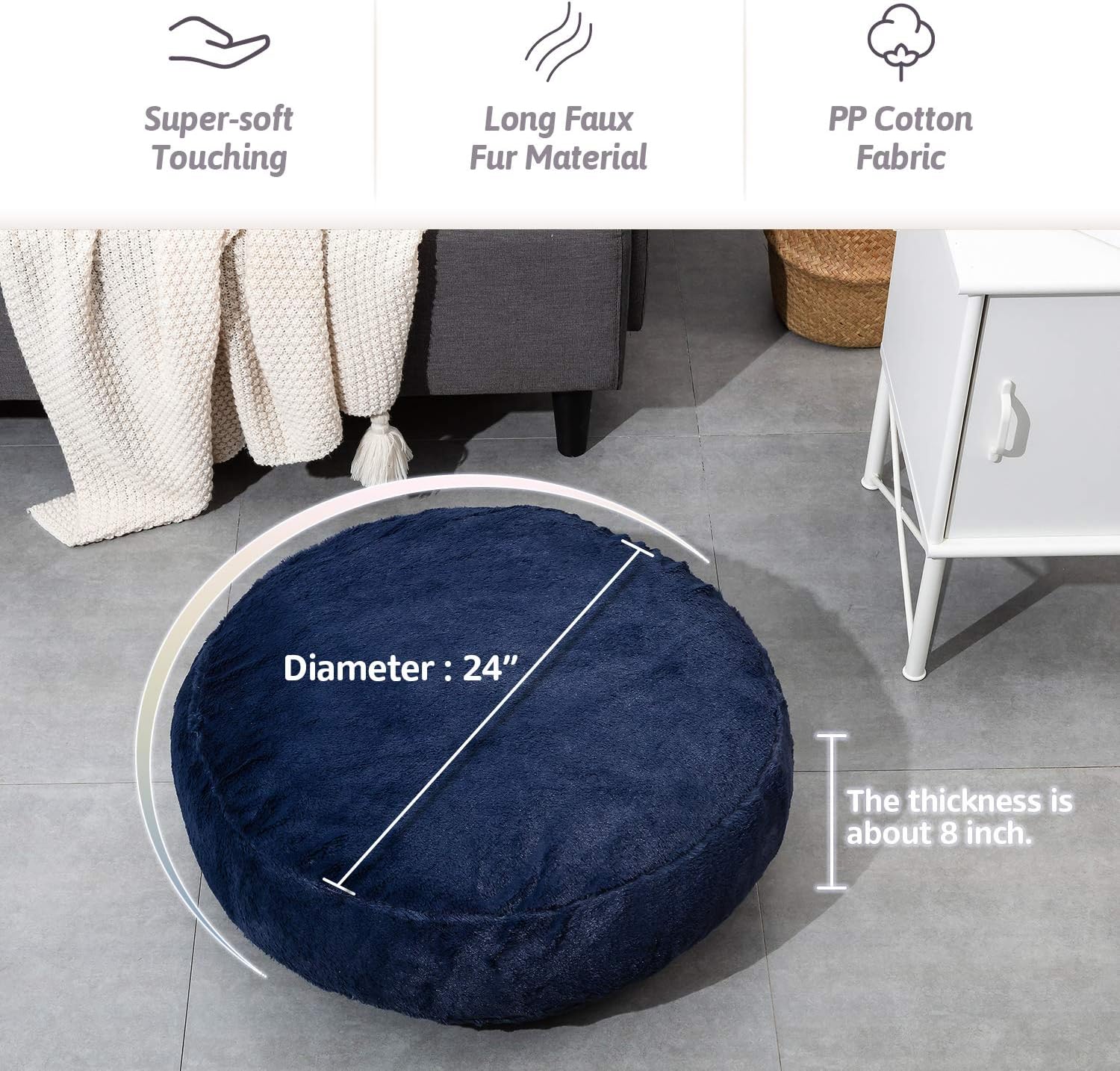 HIGOGOGO Thick Round Floor Pillow, Long Faux Fur Floor Cushion with Removable Cover Thickness: 8" Soft Fluffy Meditation Cushion Thick Round Pouf Seating for Living Room Bedroom Sofa, Navy, 24"x24": Kitchen & Dining
