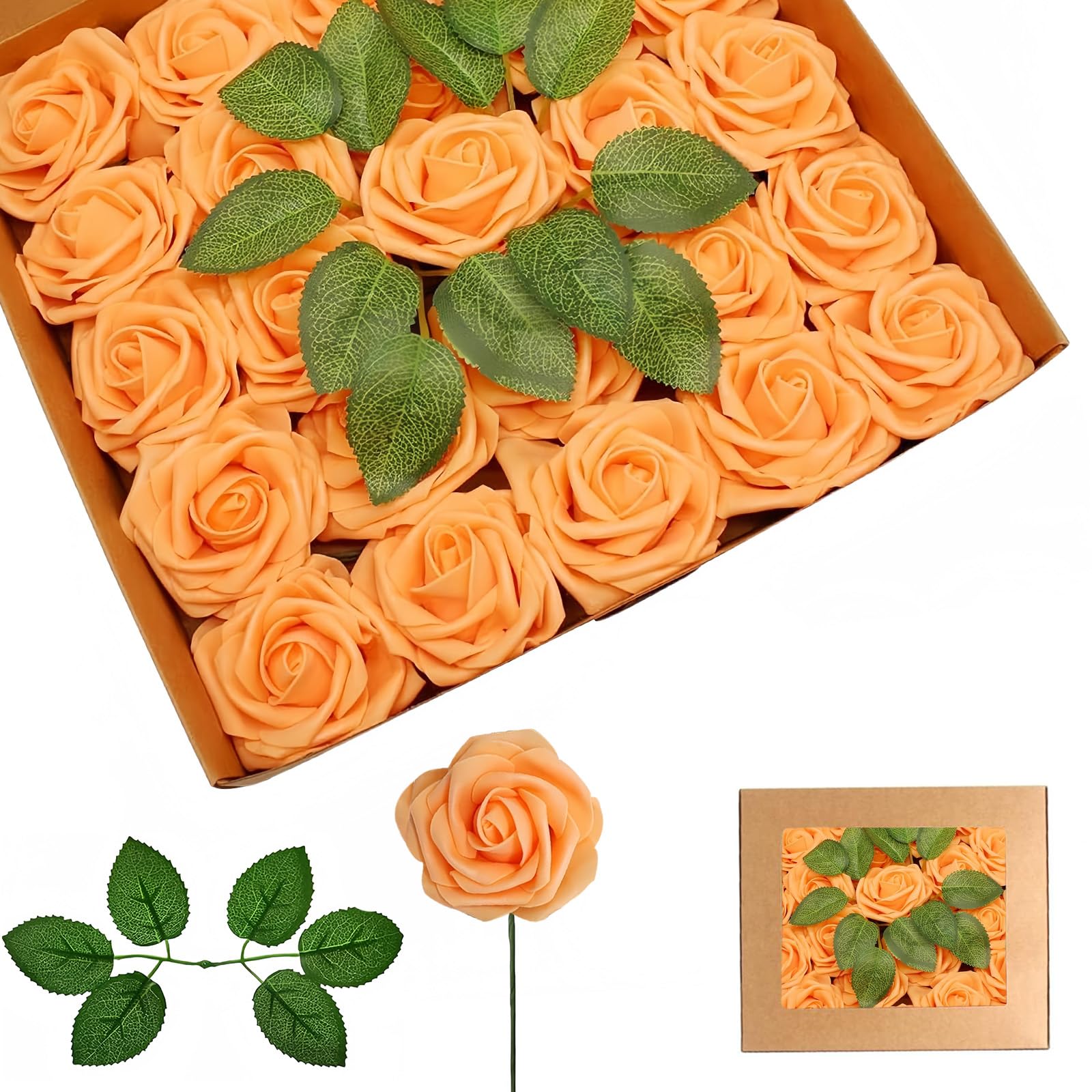 25Pcs Orange Artificial Roses, Real Touch Foam Roses with Stems, 4 Leaves, Artificial Flowers for Wedding, Bridal Bouquets, Cake, Grave Stone, Table Centerpieces, Baby Shower, Funeral Decoration