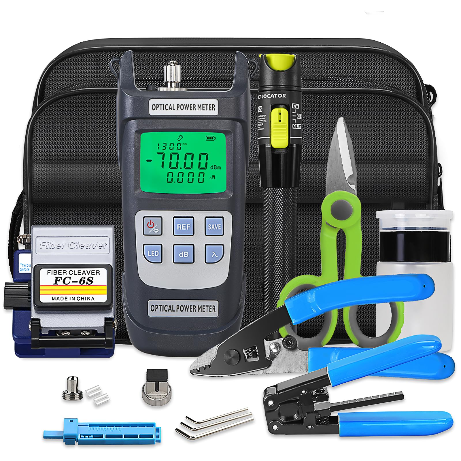 Photo 1 of 9 in 1 Fiber Optic Termination Tool Kit FTTH Cable Cold Welding Tool Set with 6S Optical Fiber Cleaver and Visual Fault Locator VFL 30KM with -70~+10dbm Y710A 2 in 1 OPM Fiber Optic Tool kit