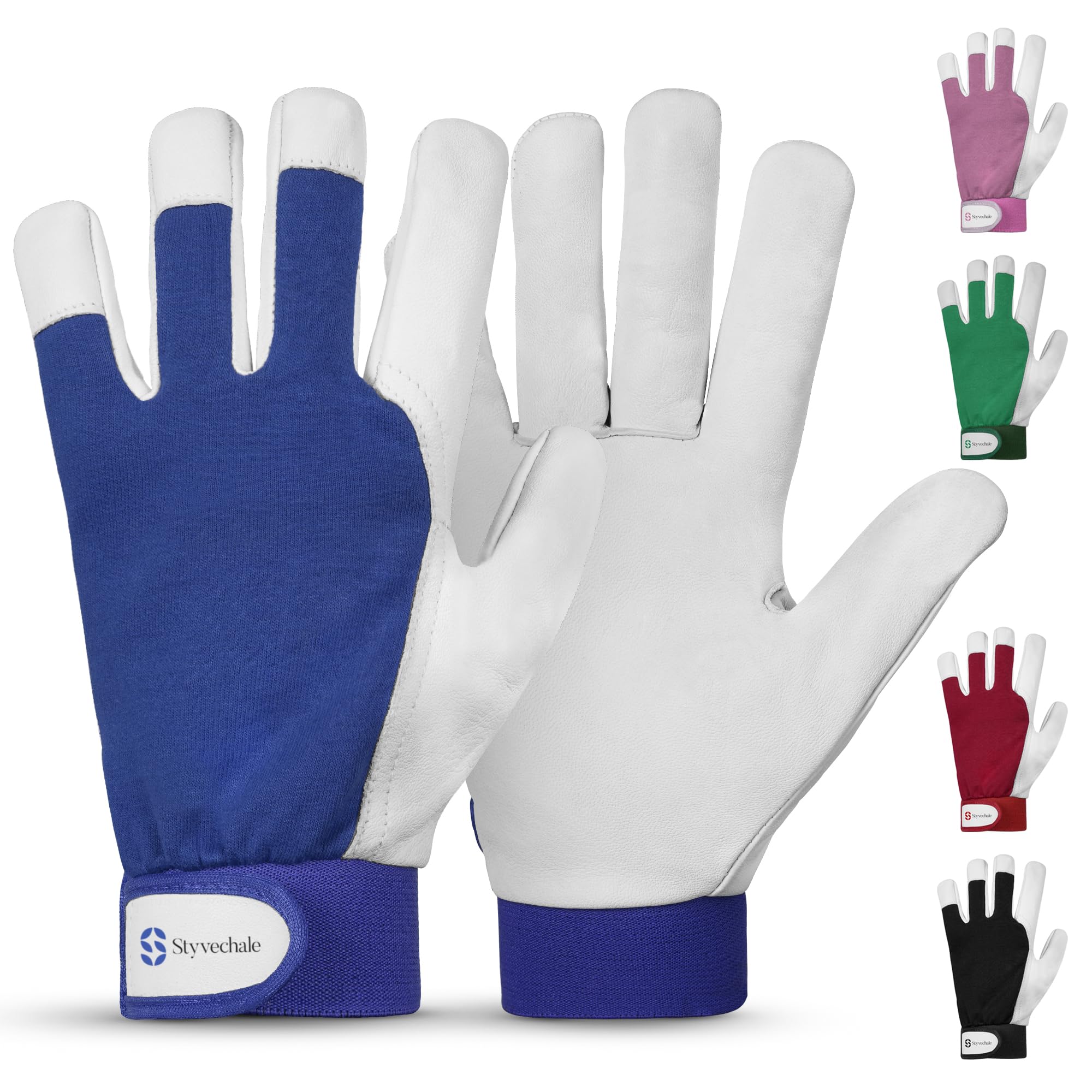 Gardening Gloves for Men & Women, Leather Palm & Breathable Spandex Back, Thorn-Proof Gardening Gloves, Multipurpose Safety Gloves for Mechanics, Warehouse, Driving, Digging, Landscaping (Blue, S)