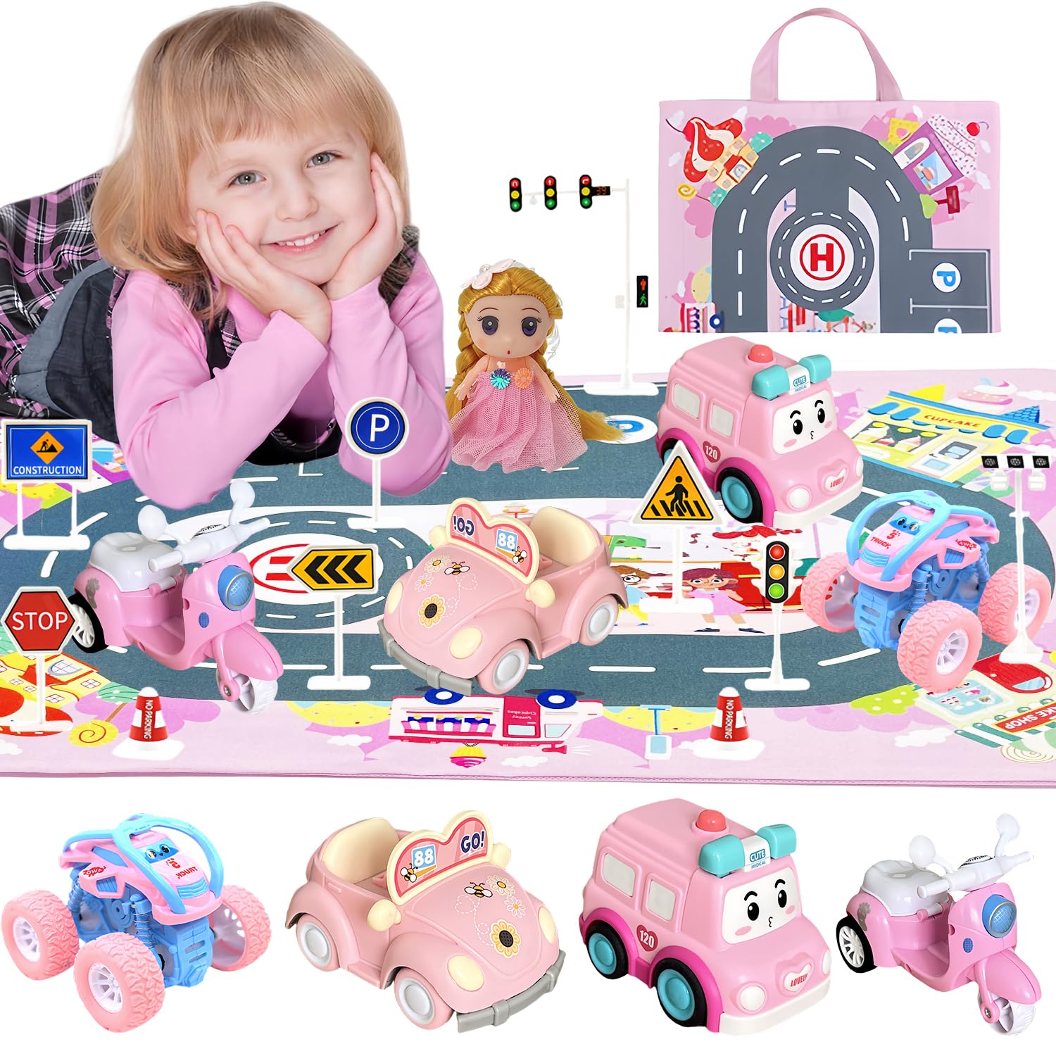 Toddler Girls Brithday Gifts Sets, Pink Car Toy for Girls Age 2-4