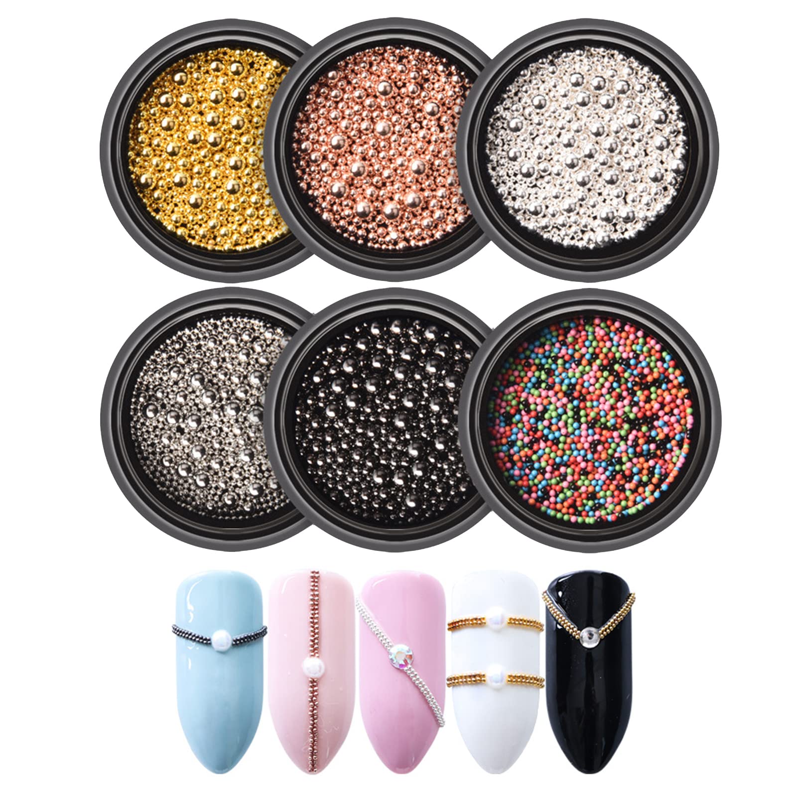 Micro Caviar Beads- 6 Boxes Multicolor Mixed Size Pixie Beads Metal Mini Pearl Nail Rhinestones Ball 3D Charms for DIY Nail Art Decorations