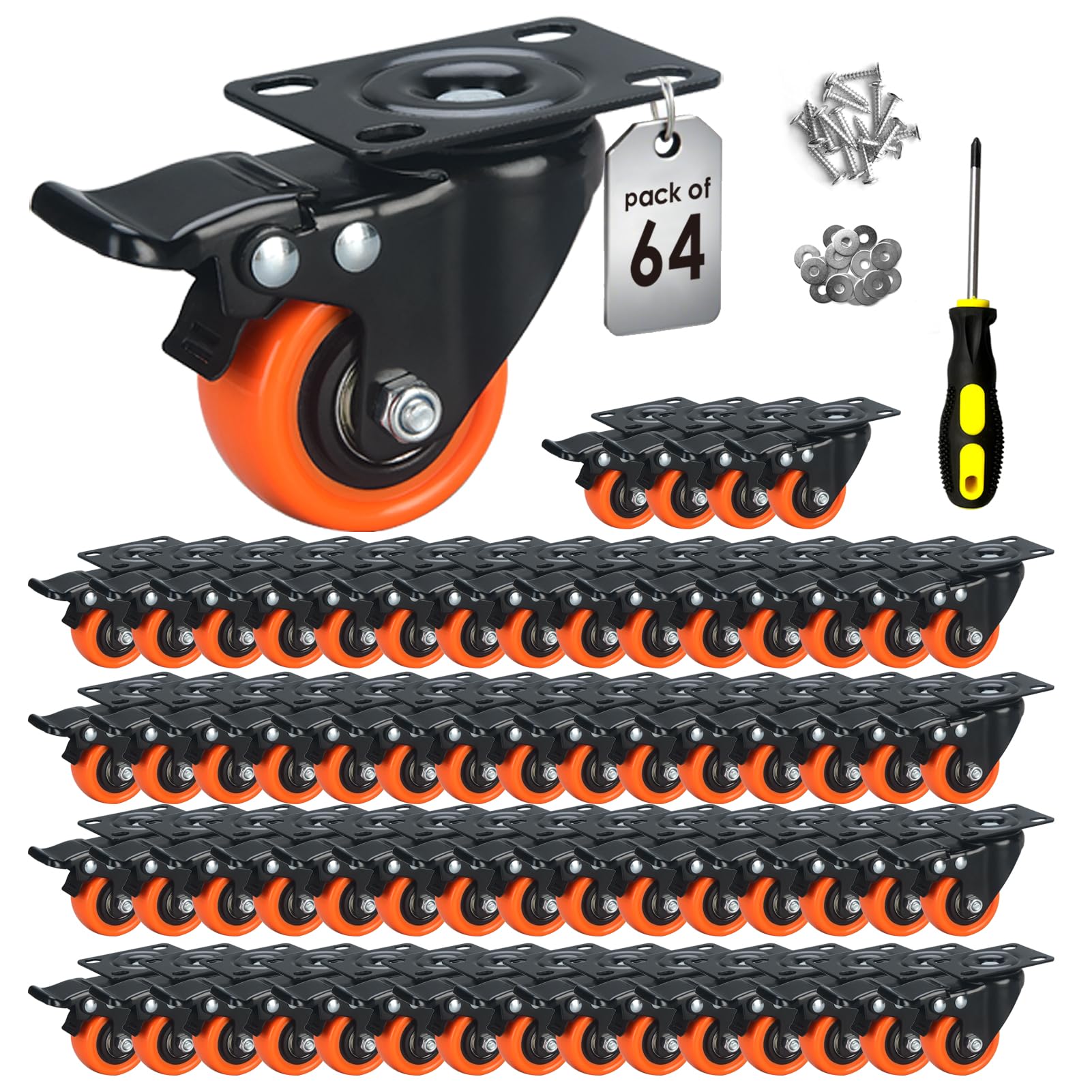 ASHGOOB 2" Caster Wheels Set of 64, Heavy Duty Casters with Brake, No Noise Locking Casters with Orange Polyurethane (PU) Wheels, Swivel Plate Castors Pack of 64 Image