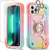 Cookiver for iPhone 13 Pro Case 6.1 Inch with Ring Stand, with 2 Pack Glass Screen Protector + 1 Pack Camera Lens Protector,Heavy-Duty Shockproof Military Grade Rugged Cover (Rainbow Pink)