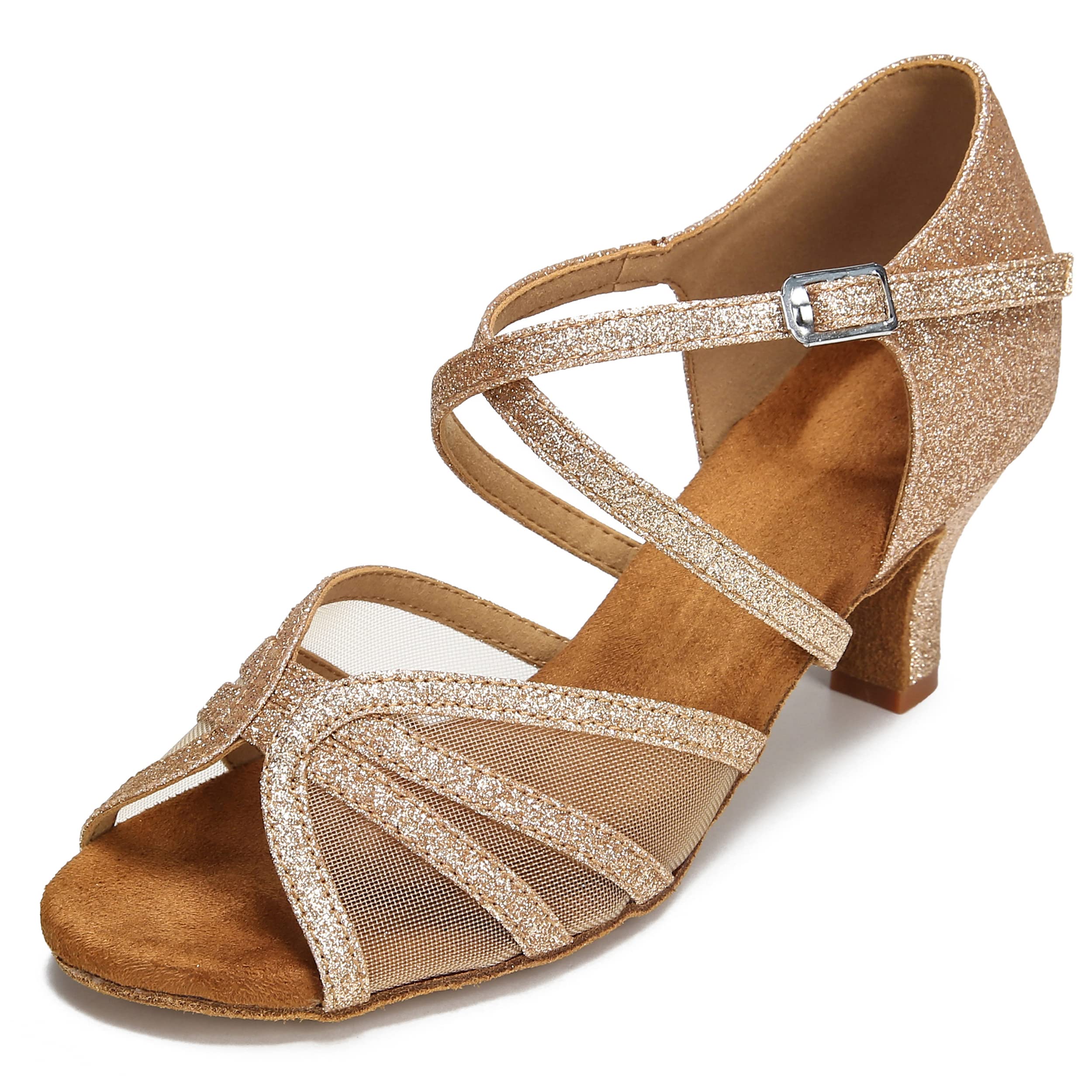 Photo 1 of *Dirty Item* CLEECLI Women's Ballroom Dance Shoes Latin Salsa Dancing Shoes Cross Strap 2.5inch 3inch Heel ZB04(9,Glitter Gold-2.5 Inch Heel)