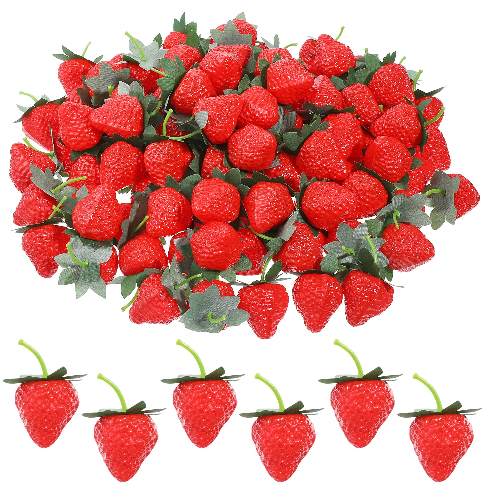 Photo 1 of 100 PCS 2.2 Inch Fake Strawberries, Artificial Red Strawberry Decor Realistic Fake Fruit Strawberries Lifelike Faux Strawberry Simulations for Photography Prop Kitchen Cabinet Party Cake Decoration