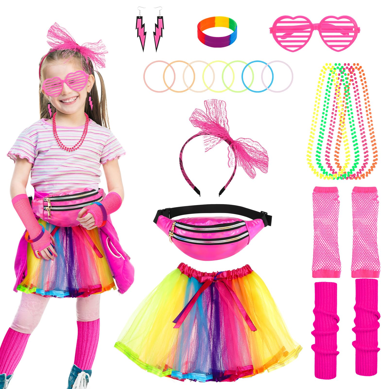 GSrenyu 80s Fancy Dress for Girls,90s Fancy Dress Kids Set Tutu Skirt Leg Warmers Fishnet Gloves Necklace Bracelets Lace Bow Headband Earrings Glasses Party Outfit Accessories