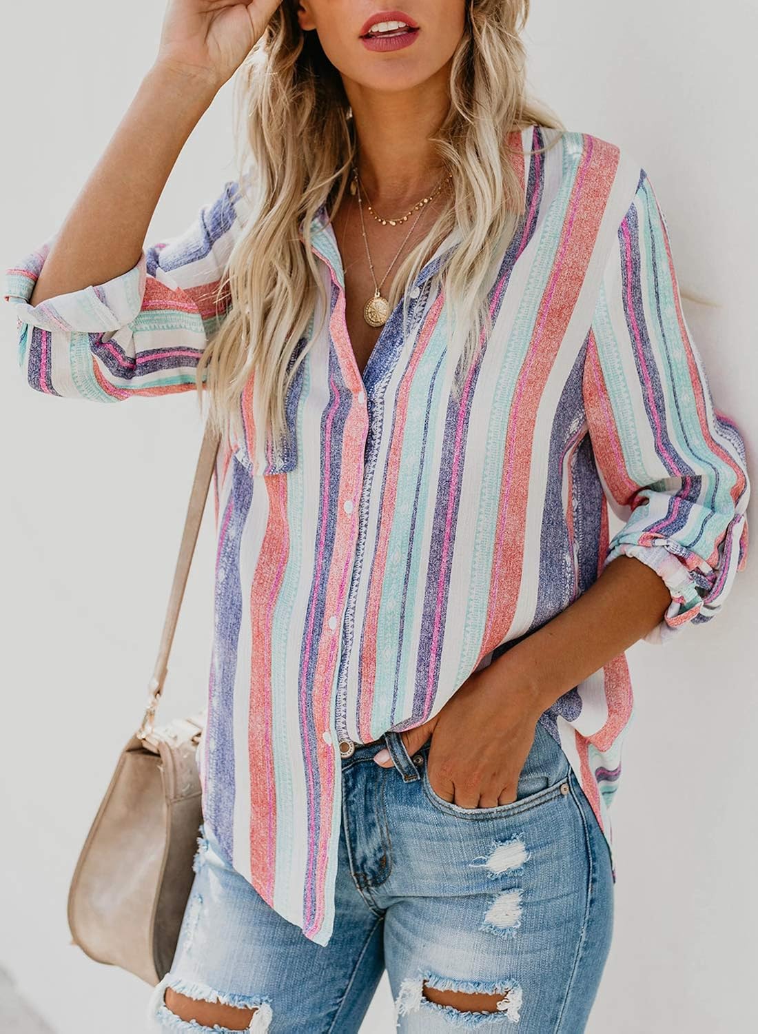 Astylish Women V Neck Striped Roll up Sleeve Button Down Blouses Tops at  Women’s Clothing store