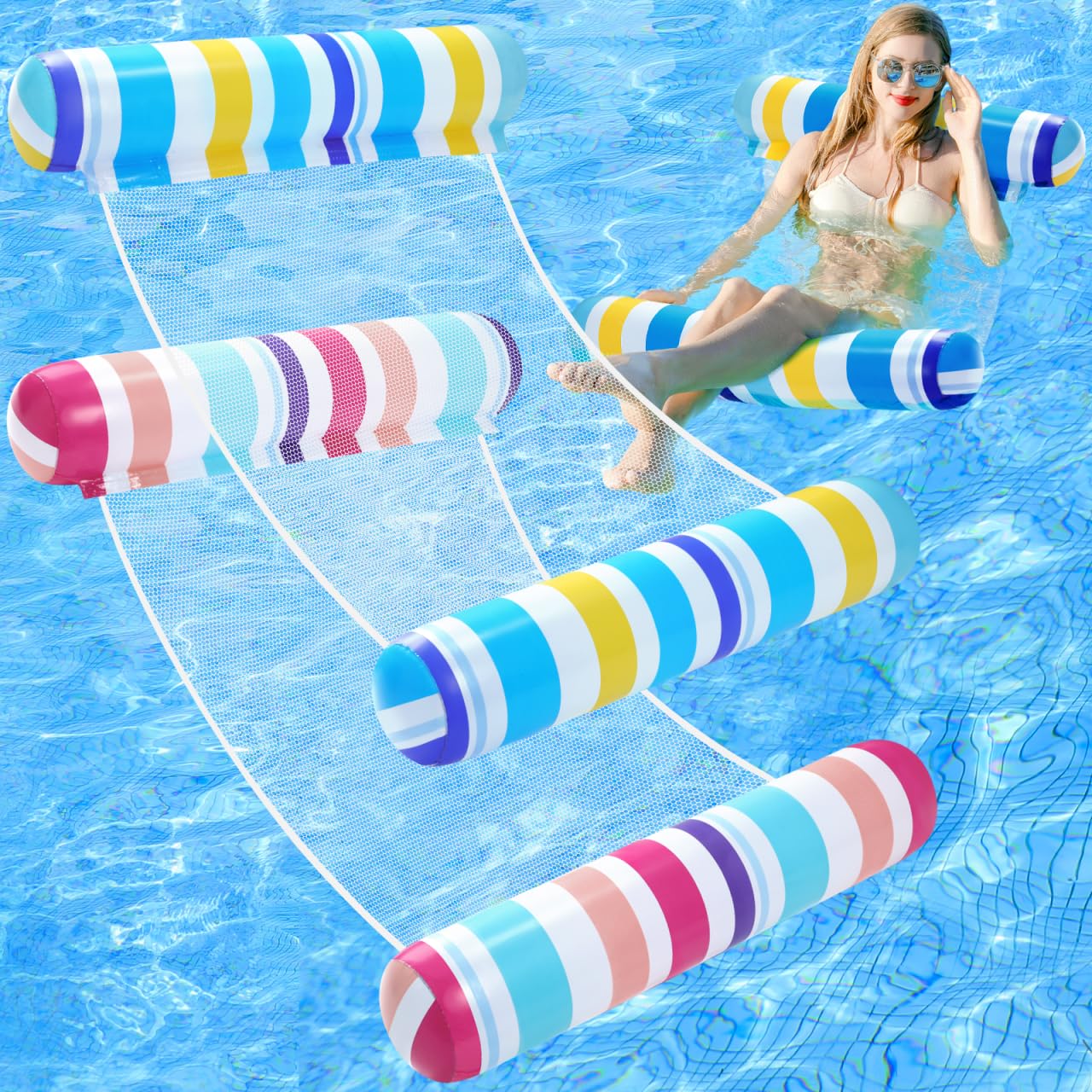 Pool Floats Adult - 2 Pack Inflatable Pool Floats Hammock, Multi-Purpose 4-in-1Pool Floats for Adults, Swimming Pool Water Hammock Lounge, Pink, Blue