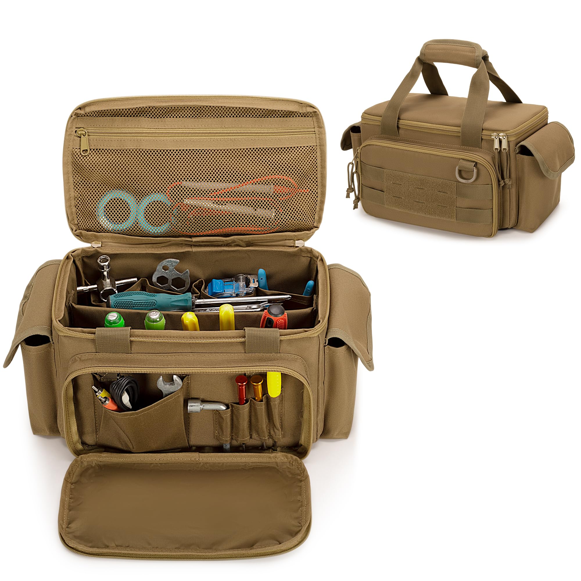 Rexmica Small Tool Bag for Men, Tool Storage Organiser with Anti-friction and Thick Padded Bottom, Tactical Bag, Range Bag, Multi-functional Work Bag for Repairman, Electrician, Carpenters, Khaki