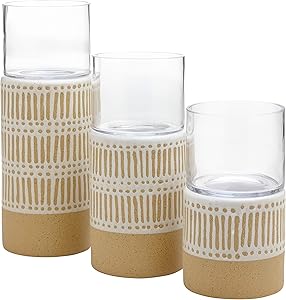 Amazon Brand – Stone & Beam Emerick Rustic Cylinder Hurricane Decor with Glass Vase Holder - Set of 3, Brown and White