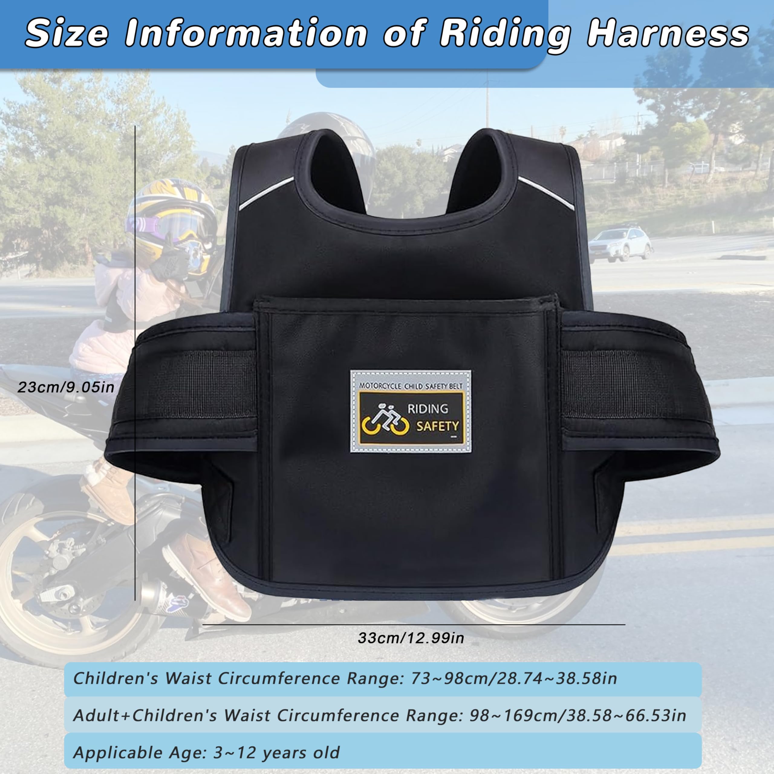 Child Motorcycle Safety Harness Reflective Strip, Reflective Child Motorcycle Harness Adjustable, Safety Harness For Kids & Toddlers Aged 3-12 Years - Black