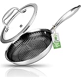 NutriChef 8" Stainless Steel Frying Pan with Lid -Triply Kitchenware Stir Fry Pan Kitchen Cookware w/DAKIN Etching Nonstick Coating, Scratch-resistant Raised-up Honeycomb Fire Textured Pattern -NC3PL8