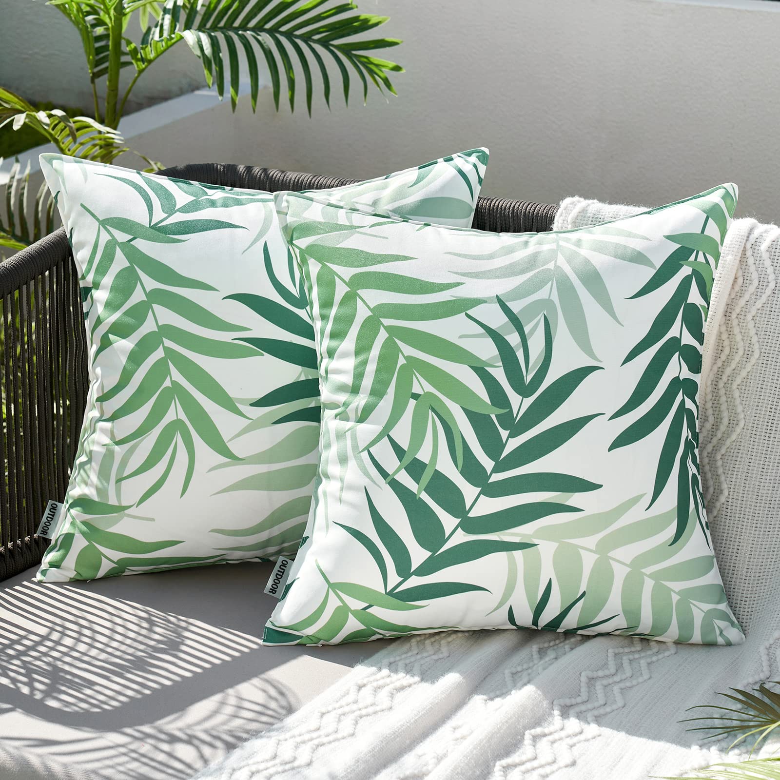 MIULEE Outdoor Cushion Covers Waterproof Polyester Throw Pillow Cover Square Decorative Pillowcase with Leaf Patterns for Garden Sofa Livingroom Bedroom Tent Park 2 Pieces 16x16 Inch Light Green