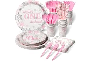 JECTIVS Winter Onederland Party Supplies Pink and Silver Snowflake Plates and Napkins Set Disposable 1st Birthday Party Tableware for Winter Onederland Snowflake Baby Girl First Birthday Party Decor Serve 25
