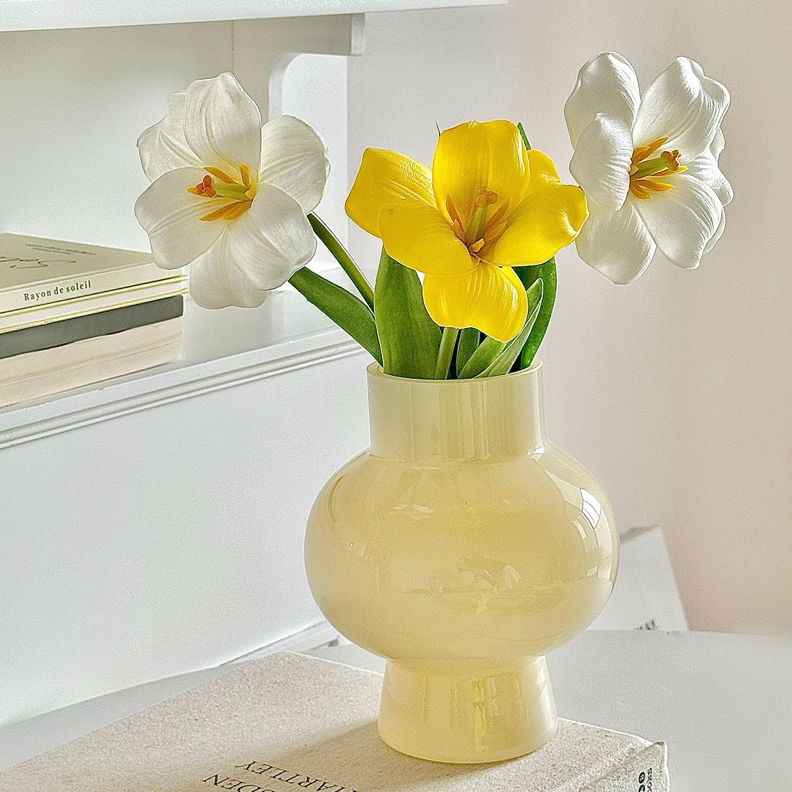 Photo 1 of Modern Glass Vase for Flowers, Cute Yellow Colored Decorative Vase for Centerpiece Table Shelf Funky Home Office Decor