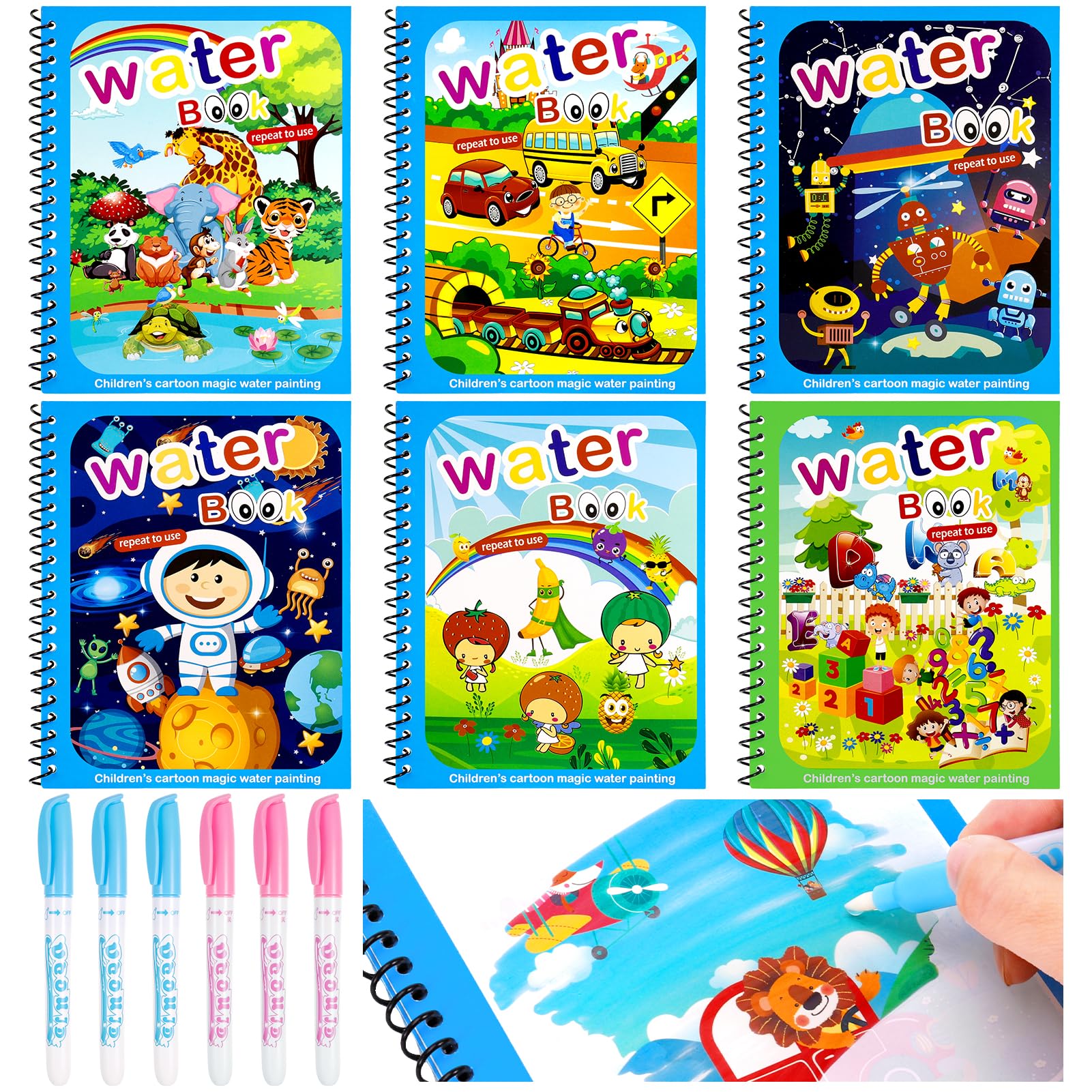 FRIUSATE 6 Pack Magic Water Colouring Book,Kids Reusable Drawing Book with 6 Pieces Pen,Coloring Book for Toddler2-4Years for Kids Educational Toy