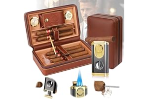 MONIUP Travel Cigar Humidor, Cedar Wood Lined, with All-in-one Cigar Lighter, Built-in V Cutter& Holder, Cigar Draw Enhancer, Hygrometer & Humidifier, Leather Cigar Case with Cigar Accessories Hold 6 Cigars