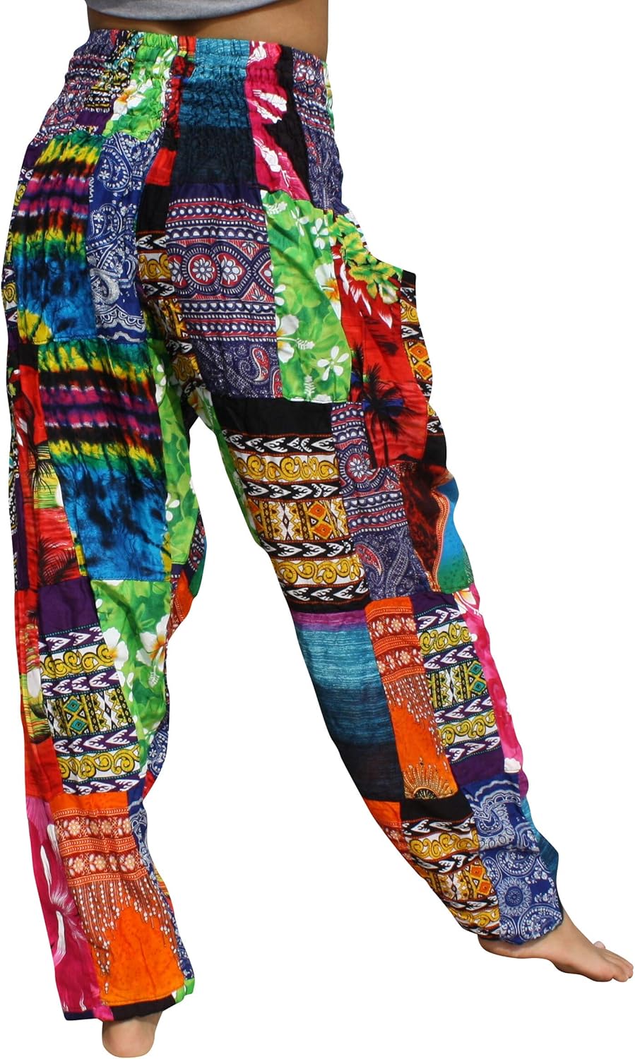 Full Funk Smock Waist Long Rayon Harem Pants in Colorfully Stitched Patchwork