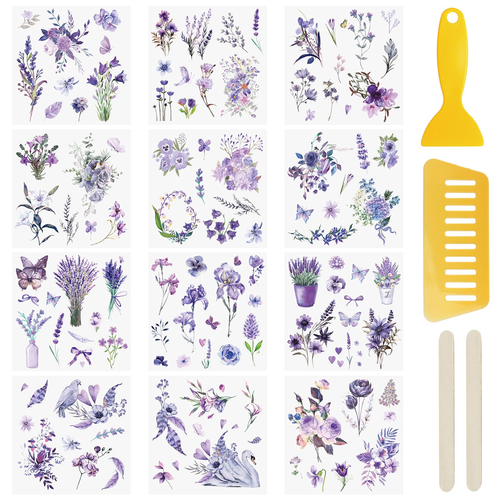 WANDIC 12 Sheets Transfer Stickers Purple Flower Stickers Waterproof Diary Album Stickers Furniture Craft Decals for DIY Scrapbooking — image 1