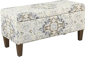 HomePop Ottomon Upholstered Rectangular Storage Ottoman Bench with Hinged Lid, Brown and Cream Large