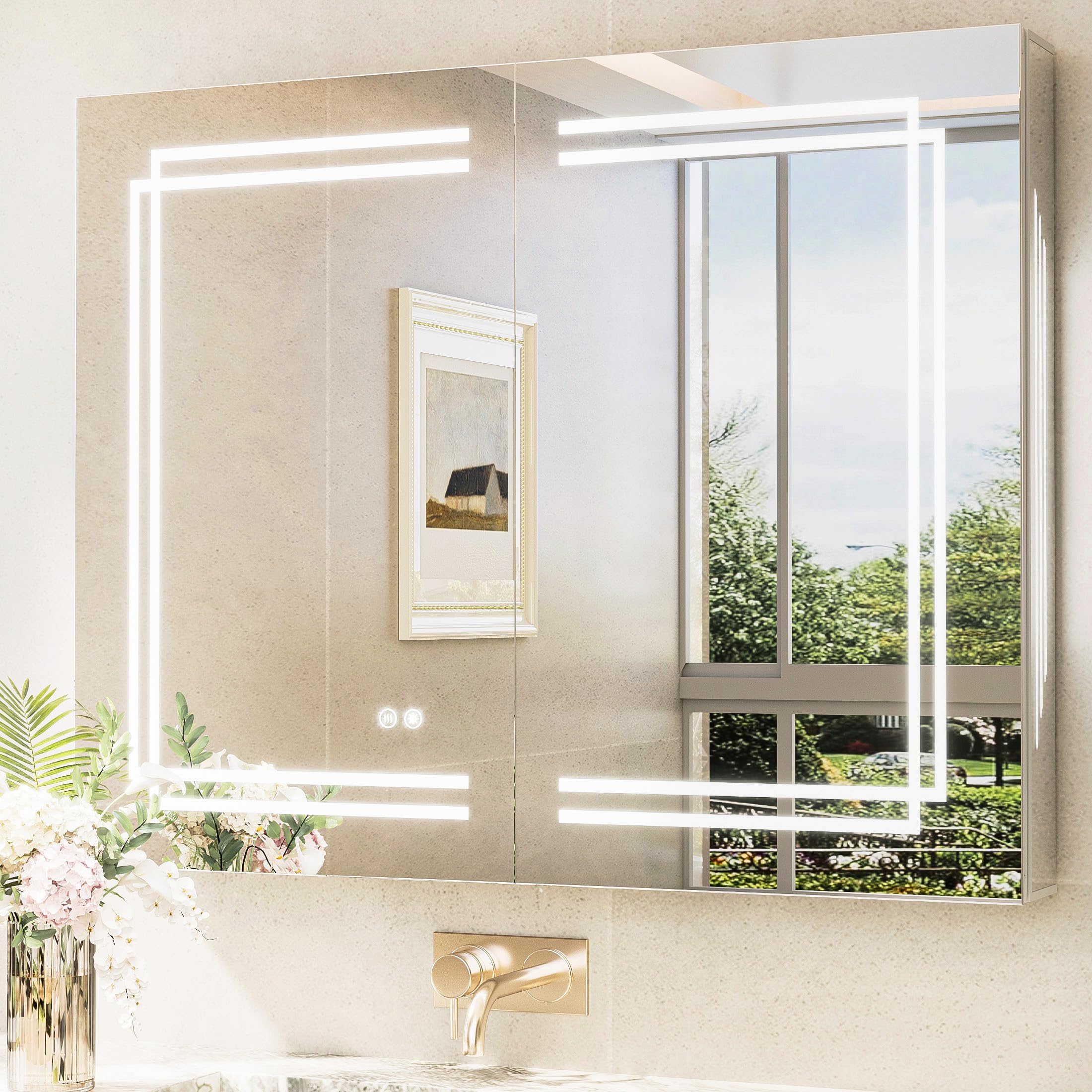 Photo 1 of TokeShimi 40x32 Inch LED Medicine Cabinet with Lighted Mirror, 3 Color Stepless Dimming Bathroom Cabinet with Defogger Tempered, CRI 80+, Anti-Fog, Memory Funtion, Wall Lit Mirror with Storage