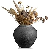 Mimorou Black Ceramic Decorative Flower Vase 8.27" x 8.66" Textured Round Rustic Pottery Vintage Large Vase for Home Decor Centerpieces Living Room Christmas Decoration
