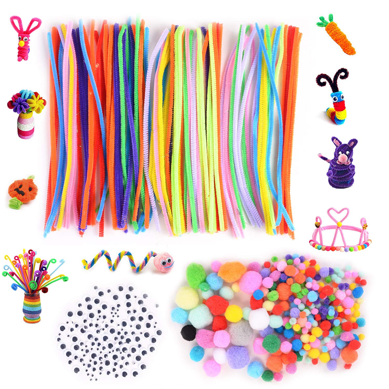 HellDolerPipe Cleaners Craft Set, 500Pcs Pipe Cleaners Chenille Sets,Including Craft Chenille Stems, Assorted Pompoms, Self-sticking Wiggle Eyes for DIY Art Supplies