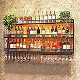GWLQRTXV X2 39in Wine Rack with LED Lighting Wall Mounted Glass Holder, 3-Tiers Liquor Bottles Shelves Display Storage Organizer Hanging Long Stemware Goblet Metal for Home Mini Bar Cellar Black