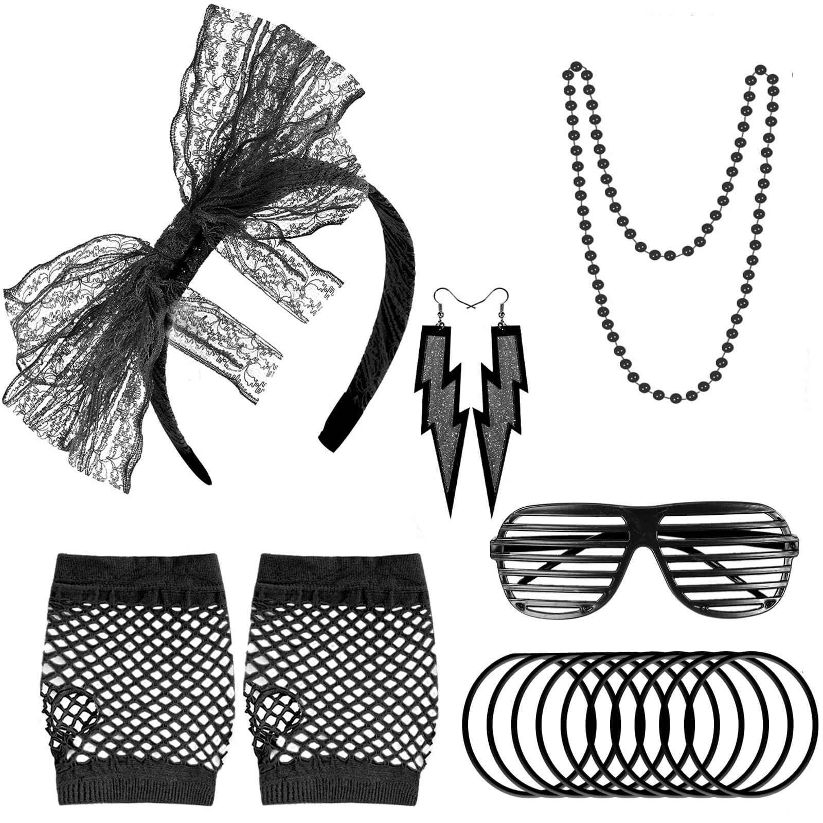 ONUPGO 80s Accessories Costumes for Women Neon Headband Earrings Fishnet Gloves Necklace for 80s Retro Theme Party Outfits… (Black)