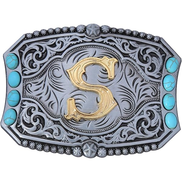 Vintage Silver Beaded Western Blue Fabric Styled Buckle Belt Unique Turquoise Western Belt Buckle – Silver Engraved Oval Design  main image 4
