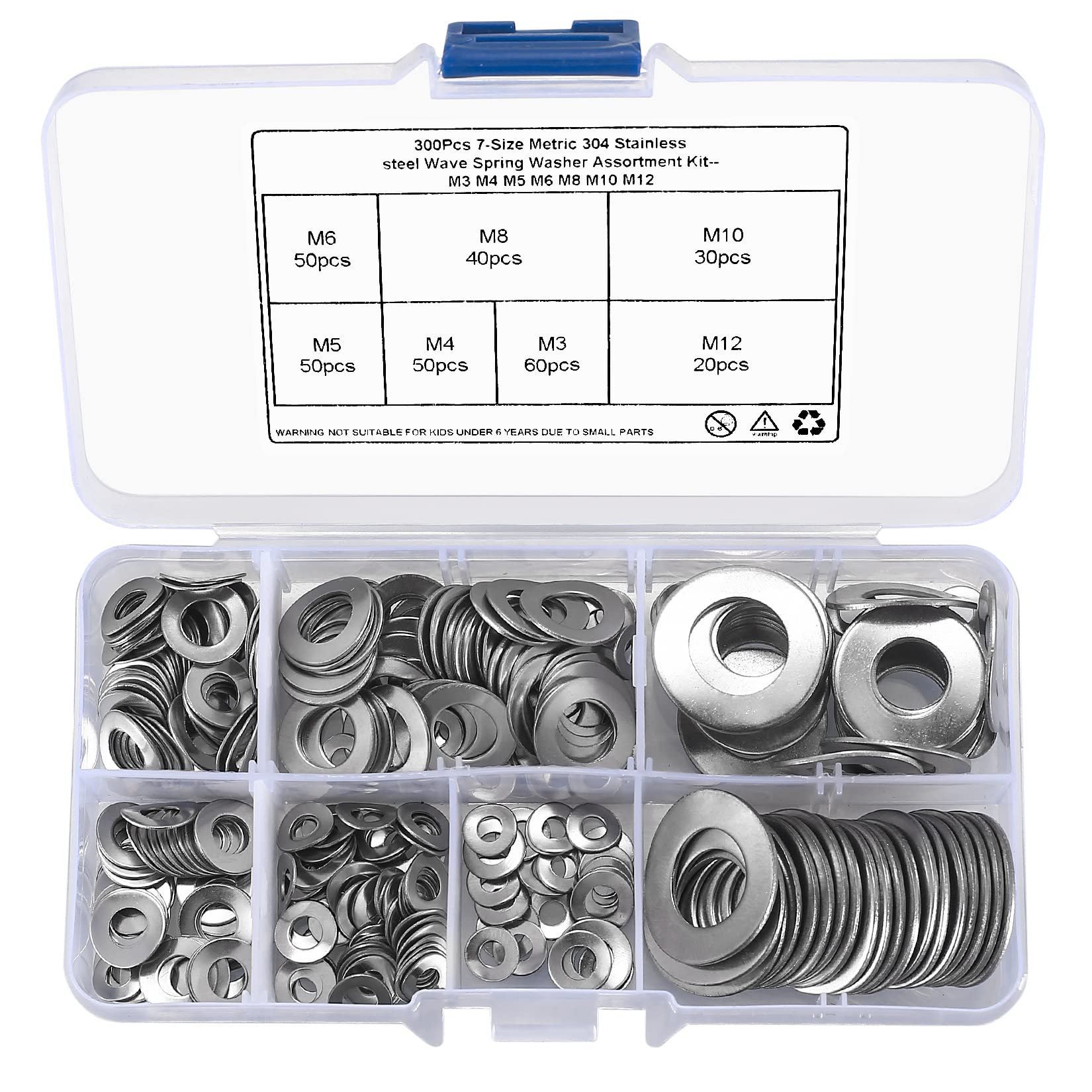 300 Pcs Stainless Steel Washers, M3 M4 M5 M6 M8 M10 M12 Wave Spring Locking Washers Assortment Set, Curved Crinkle Spacers