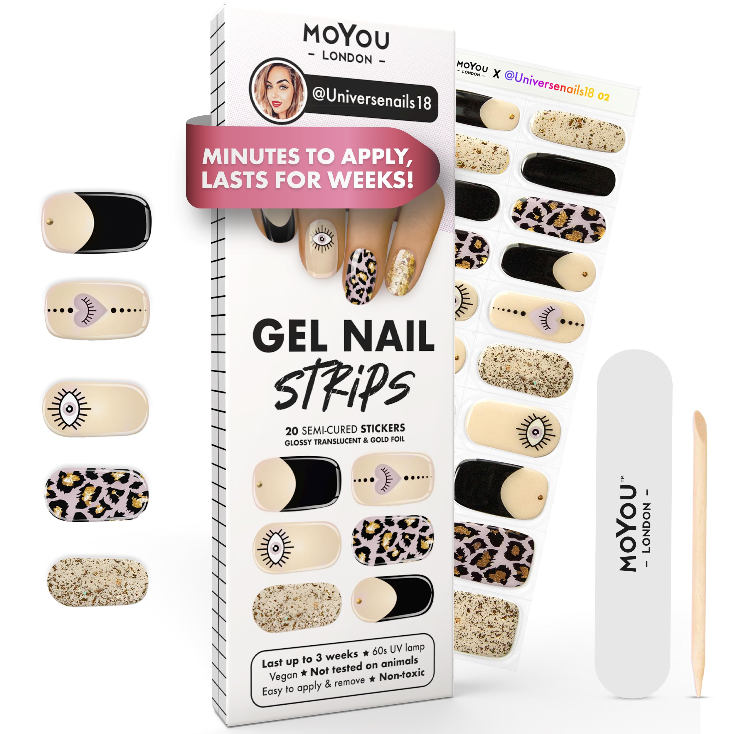 MOYOU LONDON Semi Cured Gel Nail Strips - 20 Pcs. Waterproof Gel Nail Wraps, Cures in Sunlight or UV/LED Lamp, Lasts Up to 2+ Weeks, Stretchable, Easy to Apply & Remove, Vegan & Cruelty-Free