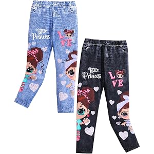 VeryNew Girls Stretch Denim Printed Jeans 2 Pack, Elastic Waist Skinny Jeans for Girls 4-8 Years Black, Light Blue