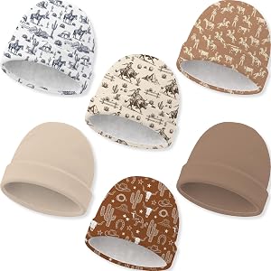 6 Pack Newborn Baby Hats Soft Cotton Infant Beanie Caps for Ages 0-6 Months | Printed and Solid Styles 5.9 x 5.5 Inch Hospita