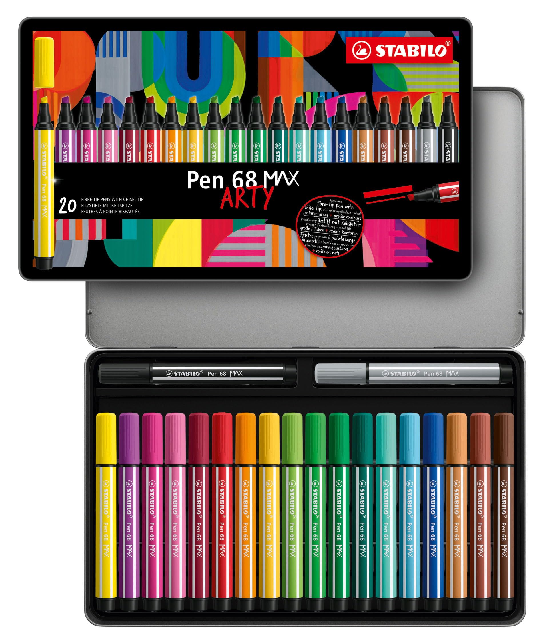 STABILO Pen 68 MAX - Premium Fibre-Tip Pen with Chisel Tip - ARTY - Tin of 20 - Assorted Colours