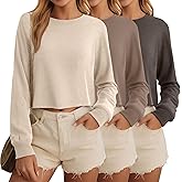 Ficerd 3 Pack Cotton Cropped Long Sleeve Tops for Women Loose Fit Crew Neck Drop Shoulder Crop T Shirts Basic Tee