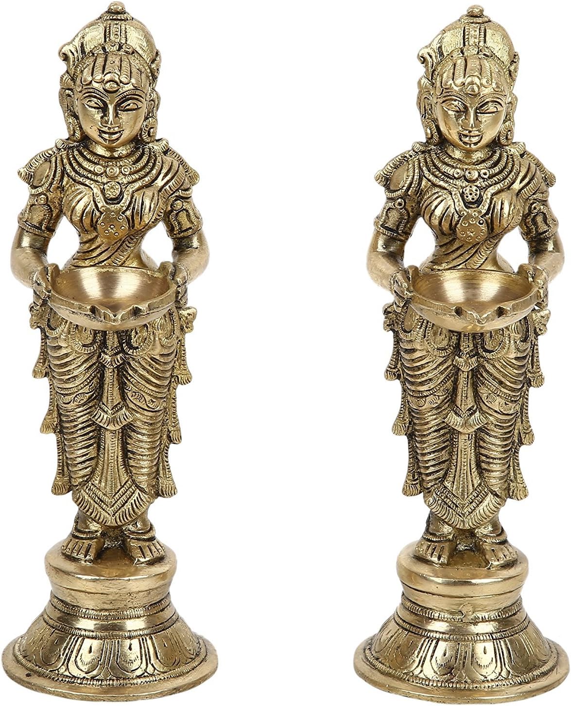 ARTVARKO Brass Metal Deep Laxmi Pair Meenakshi Devi Figurine Pair Holding Oil Diya for Pooja Mandir Temple Home Decor Diwali Deepam Dipak (Height 9 Inch, Gold, Standard Size)