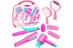 BELLOCHIDDO Kids Hair Salon Toys - Pretend Play Makeup and Hair Styling for Girls with Carrying Case, Princess Vanity with Hairdryer, Comb, Mirror and Stylist Accessories