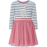 Youlebao Girls Cotton Long Sleeve Casual Cartoon Appliques Striped Jersey Dresses