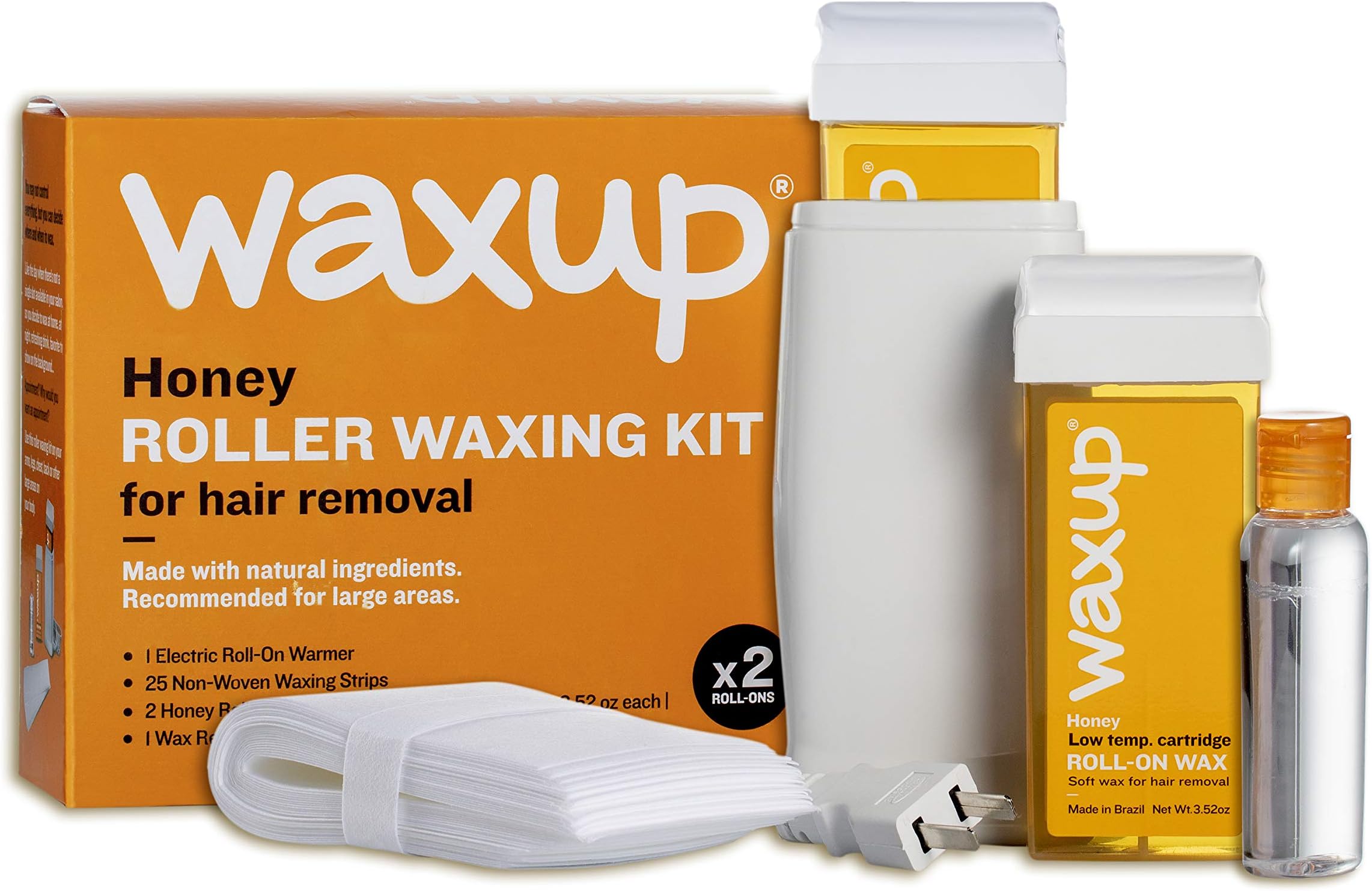 waxup Waxing Kit for Women and Men, Honey Home Depilatory Roller Soft Wax Warmer (Heater), 25 Non Woven Wax Strips for Hair Removal, Oil Wax Remover, 2 Roll On Wax Cartridge Refill, Sensitive Skin