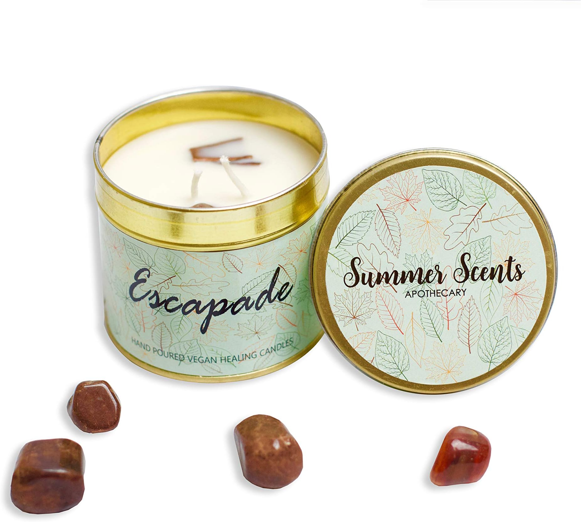 Summer Scents Apothecary - Fragrance Richly Scented Candle Infused with Garnet Crystal in Luxurious Gold Tin Jar for Bedroom Decoration | Meditate Peacefully with (Vanilla & Musk - Escapade)
