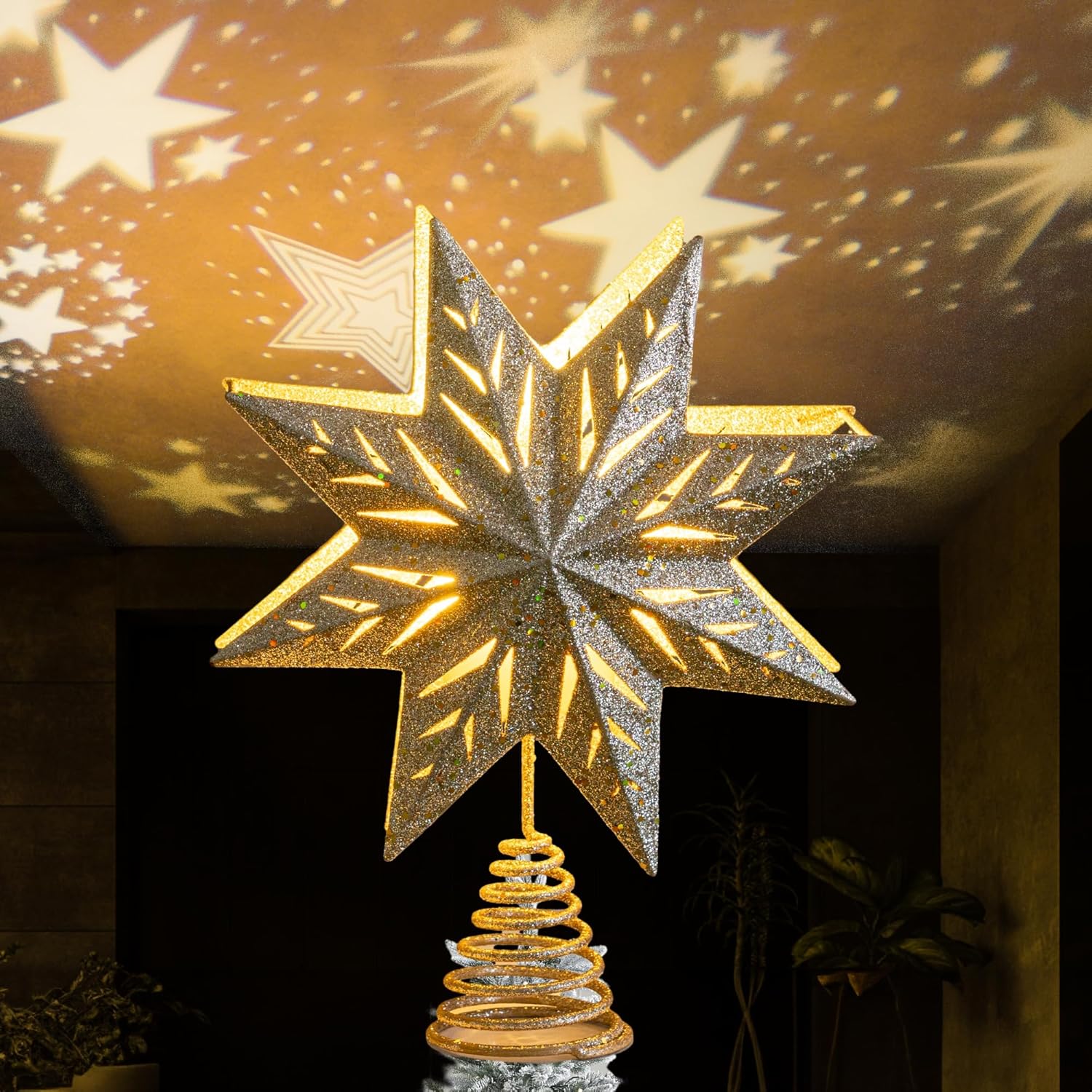 Tree Toppers - Dazzle Bright Christmas Star Tree Topper with Built-in LED Snowflake Projector Lights, Led Star Tree Topper Projector Lights for Christmas Tree Decorations, Holiday Decoration (Gold)