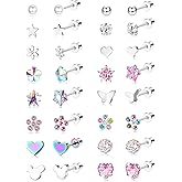 THUNARAZ 16 Pairs Hypoallergenic Screw Back Earrings for Girls Women Surgical Steel Cute CZ Heart Flower Star Butterfly Screwback Stud Earrings Set 20G