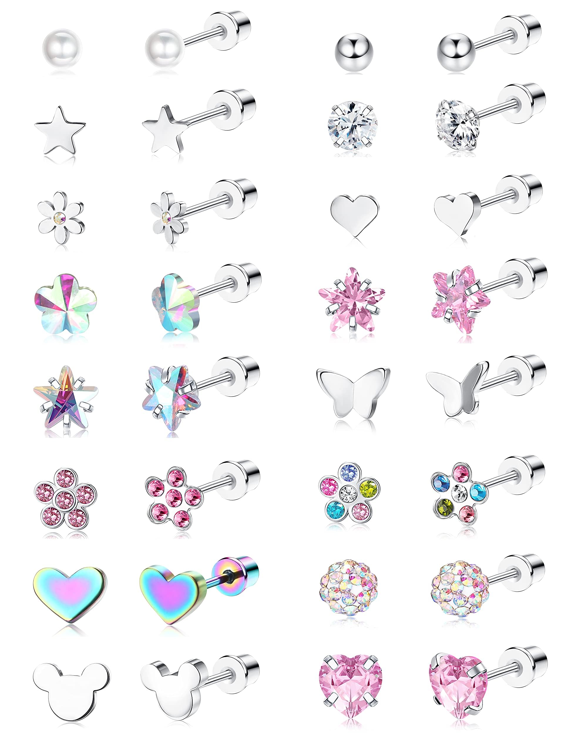 THUNARAZ 16 Pairs Hypoallergenic Screw Back Earrings for Girls Women Surgical Steel Cute CZ Heart Flower Star Butterfly Screwback Stud Earrings Set 20G