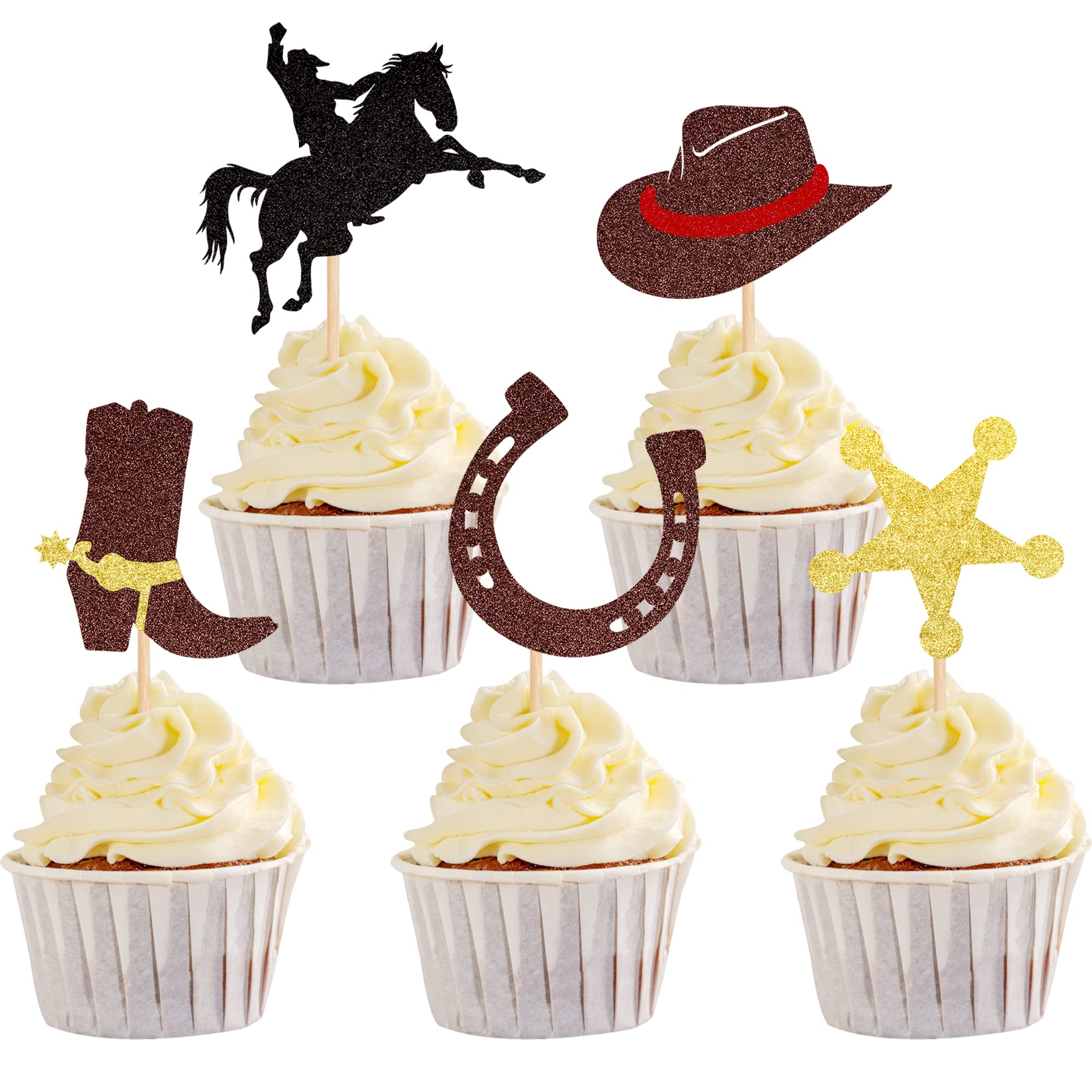SYKYCTCY 30 Pack Cowboy Cupcake Toppers Assorted Cowboy Style Glitter Cupcake Picks for Western HorseShoe Cowboy Hats Boots Theme Baby Shower Birthday Party Cake Decorations Supplies