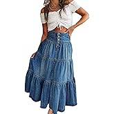 utcoco Women's High Waist Long Denim Skirt Button-Fly Tiered Ruffle Swing A-Line Jean Maxi Skirt with Pockets